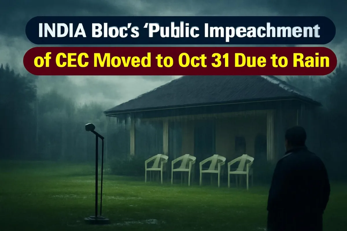 Rain-soaked venue with empty chairs in New Delhi