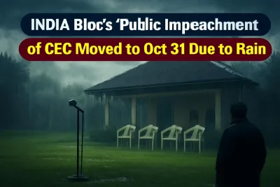 Rain-soaked venue with empty chairs in New Delhi