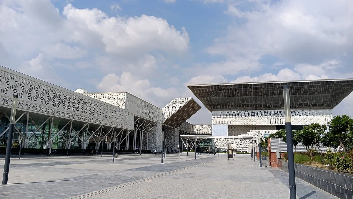 Exterior of Yashobhoomi, the India International Convention and Expo Centre in Dwarka, New Delhi, venue of India Mobile Congress 2026