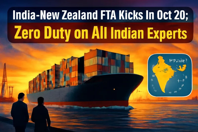 Container ship and India-New Zealand map illustrating the India-New Zealand Free Trade Agreement