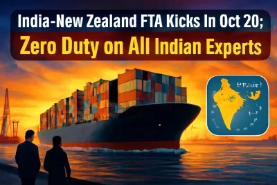 Container ship and India-New Zealand map illustrating the India-New Zealand Free Trade Agreement