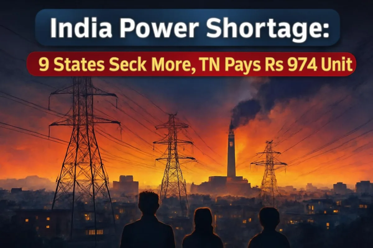 Transmission towers over an Indian city at dusk, illustrating India's evening power shortage