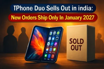A book-style foldable smartphone next to an empty retail box, representing the sold-out iPhone Duo