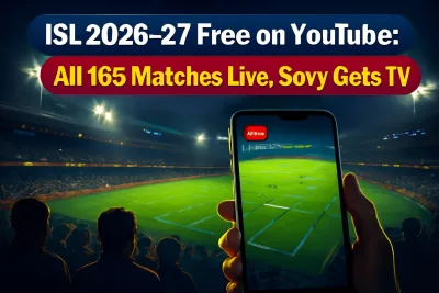 Floodlit football stadium with a smartphone showing a live ISL stream