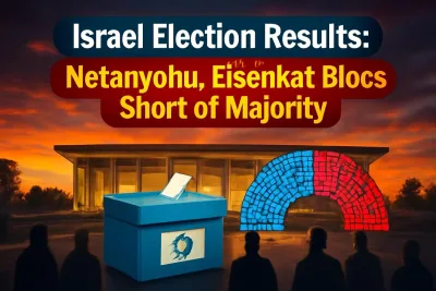 Illustration of the Knesset building in Jerusalem with a ballot box for Israel's 2026 election results