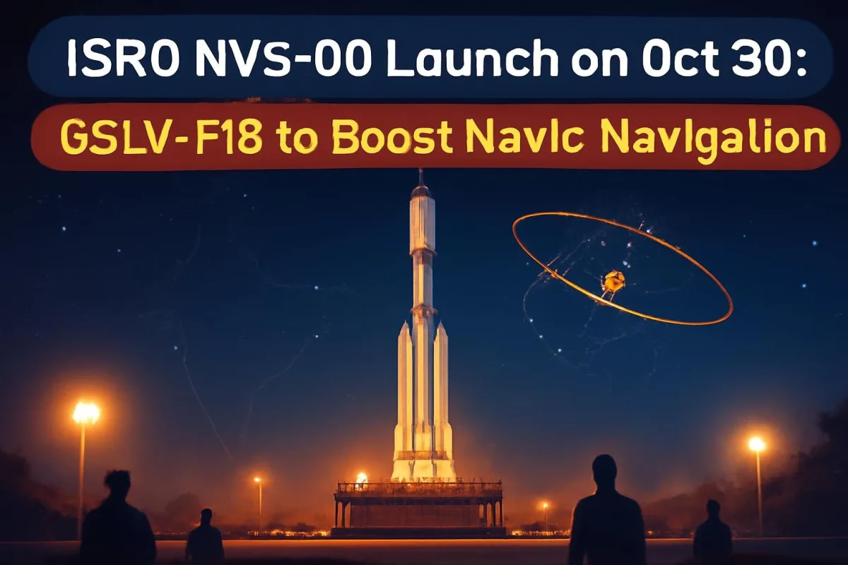 GSLV rocket on the launch pad at Sriharikota at night ahead of the NVS-03 mission