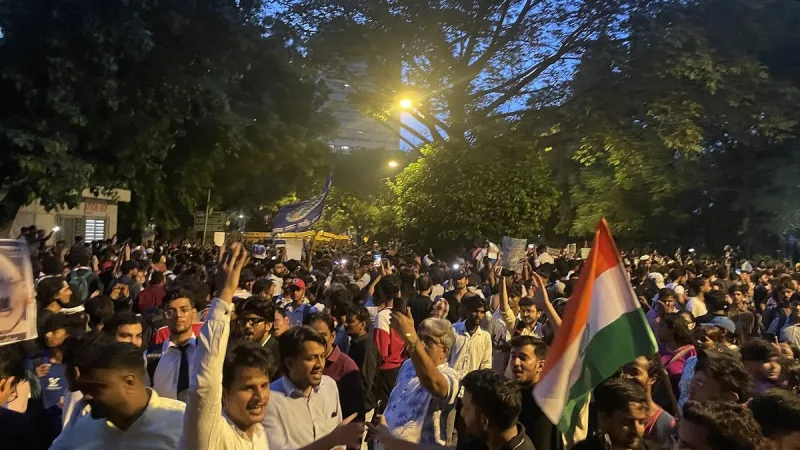File photo: a large crowd of young protesters with a tricolour at Jantar Mantar, New Delhi, in the evening