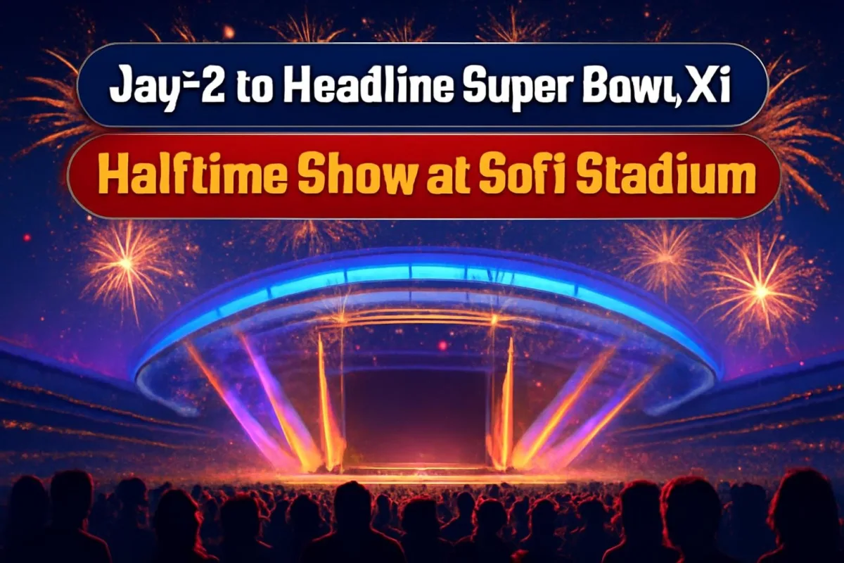 Illustration of a stadium halftime stage at night for the Super Bowl LXI show