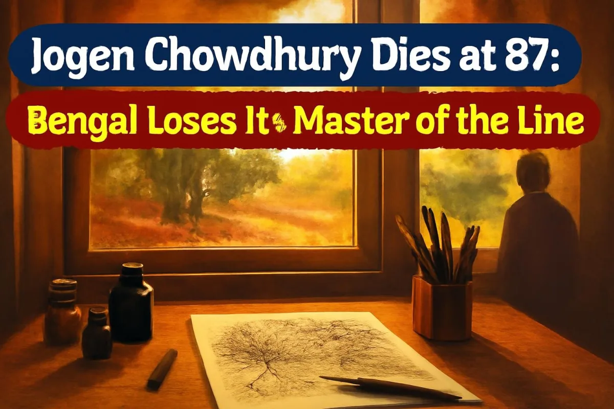 Artist's desk with ink and brushes in a Santiniketan studio, remembering painter Jogen Chowdhury