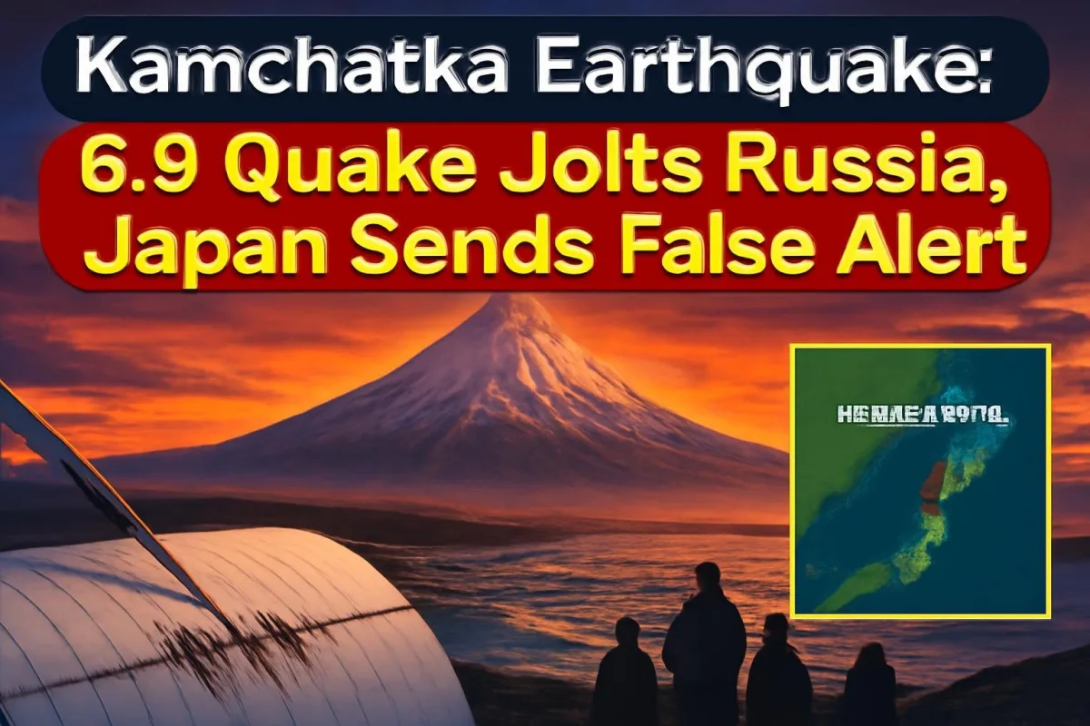Kamchatka volcano and seismograph illustrating the magnitude 6.9 earthquake in Russia