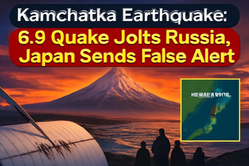 Kamchatka volcano and seismograph illustrating the magnitude 6.9 earthquake in Russia