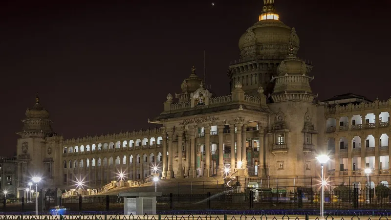 Vidhana Soudha in Bengaluru, home of the Karnataka Legislative Council, lit up at night