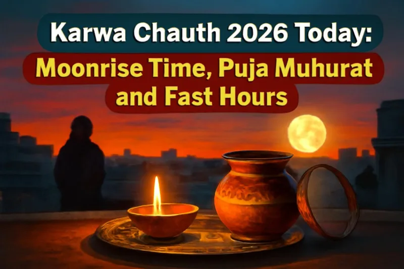 Karwa Chauth puja thali with diya and sieve on a rooftop as the moon rises