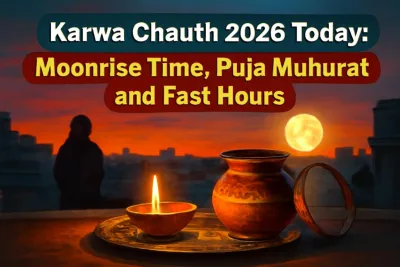 Karwa Chauth puja thali with diya and sieve on a rooftop as the moon rises