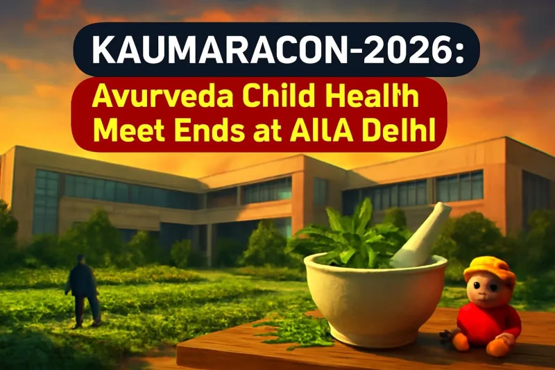 Ayurveda institute campus with medicinal herb garden, symbolising child health research