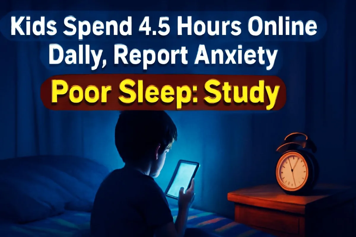 Child seen from behind using a smartphone late at night in a dark room