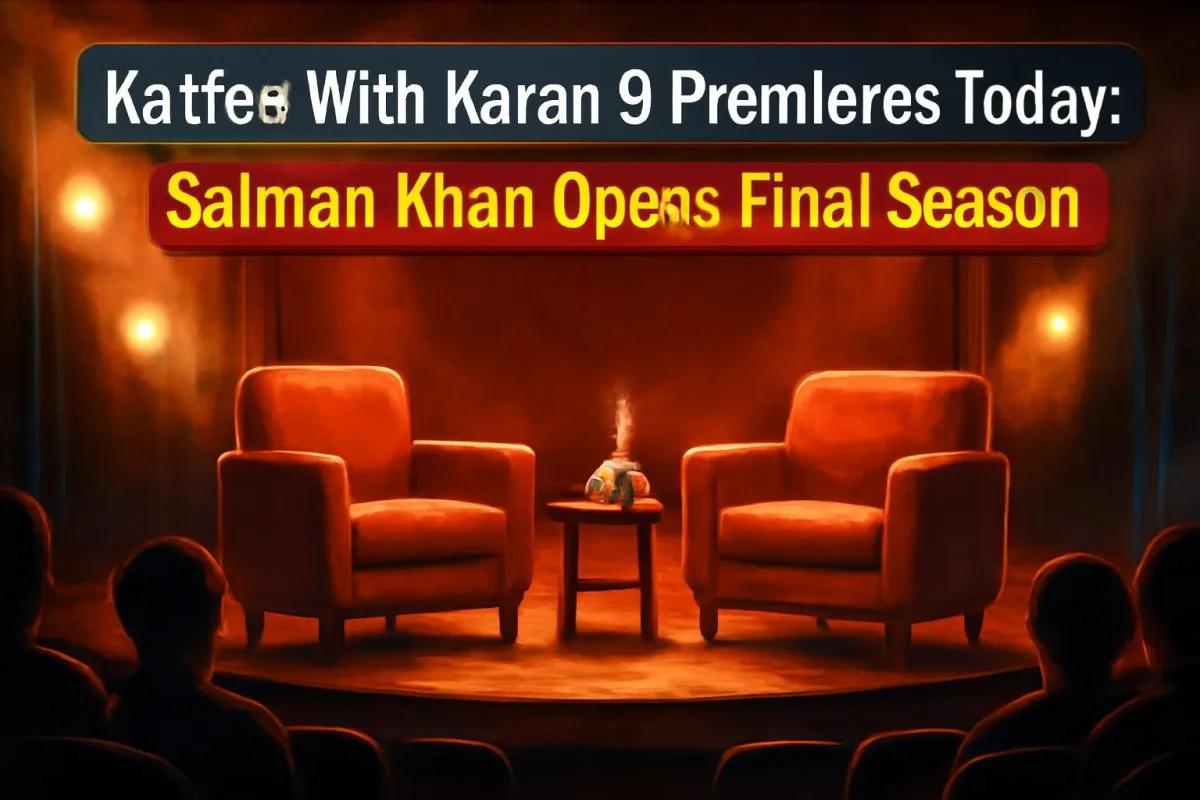 Illustration of an empty talk-show studio set with two armchairs and a coffee mug under warm lights