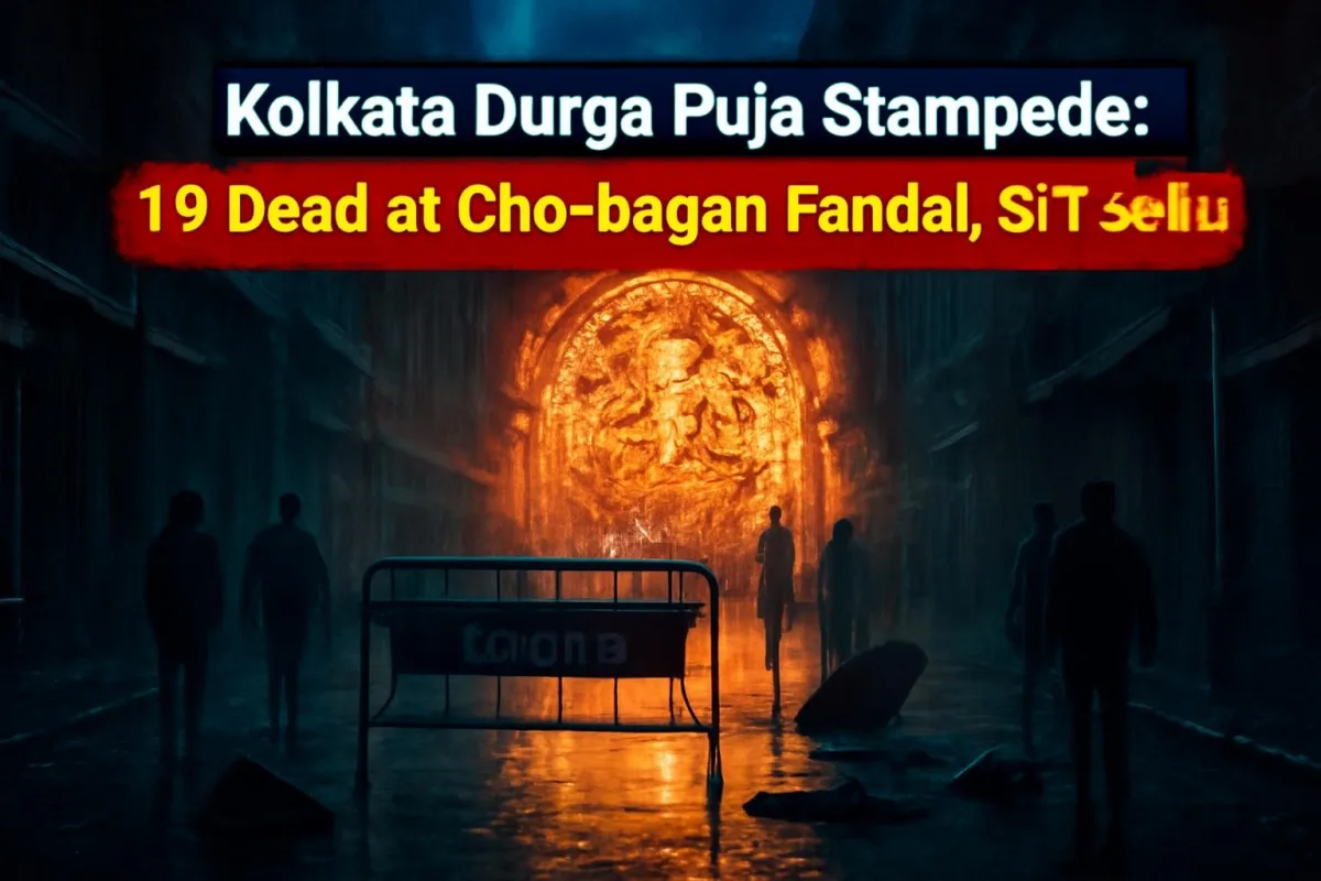 Rain-soaked Durga Puja pandal street in north Kolkata at night