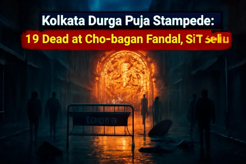 Rain-soaked Durga Puja pandal street in north Kolkata at night