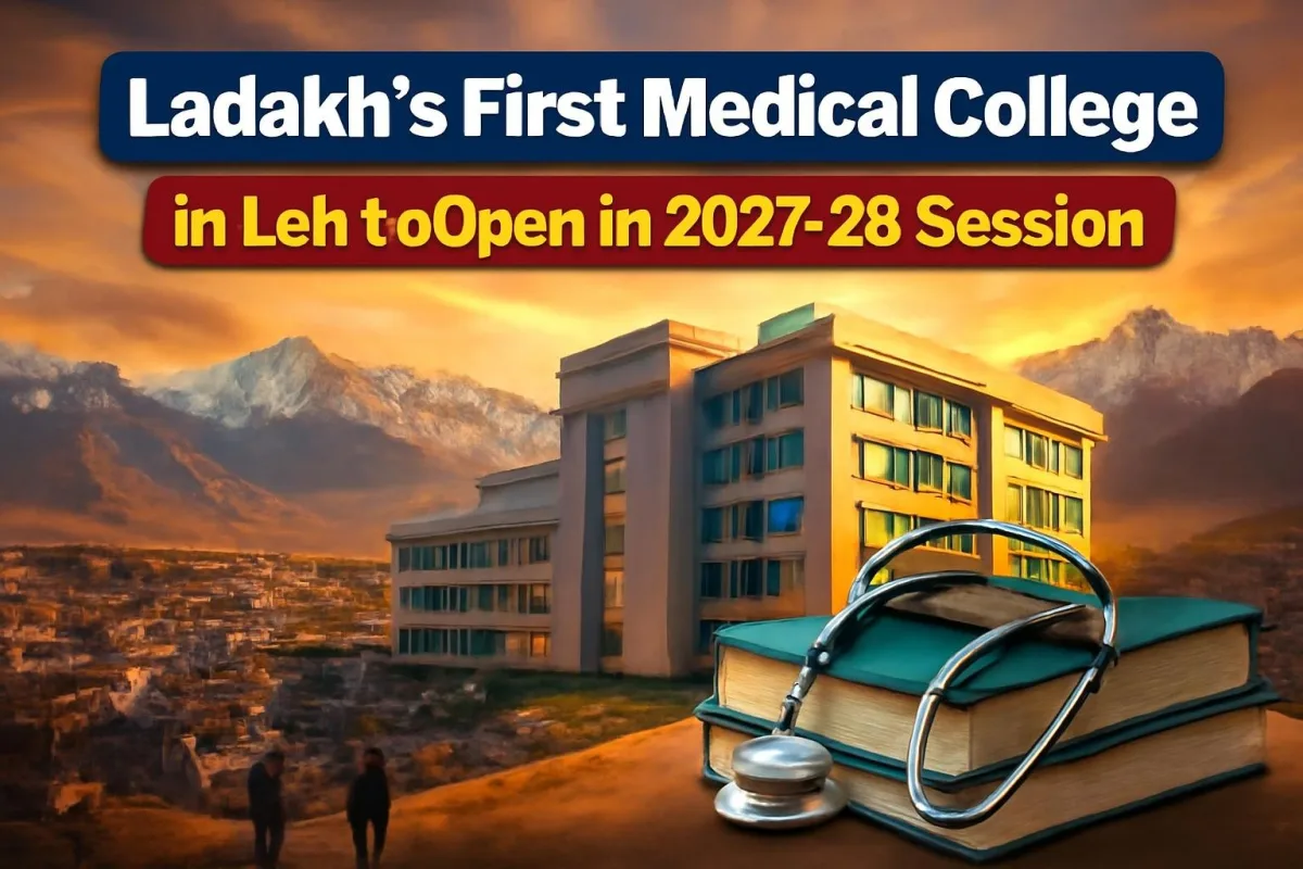 Illustration of Leh town in Ladakh with mountains and a new medical college building