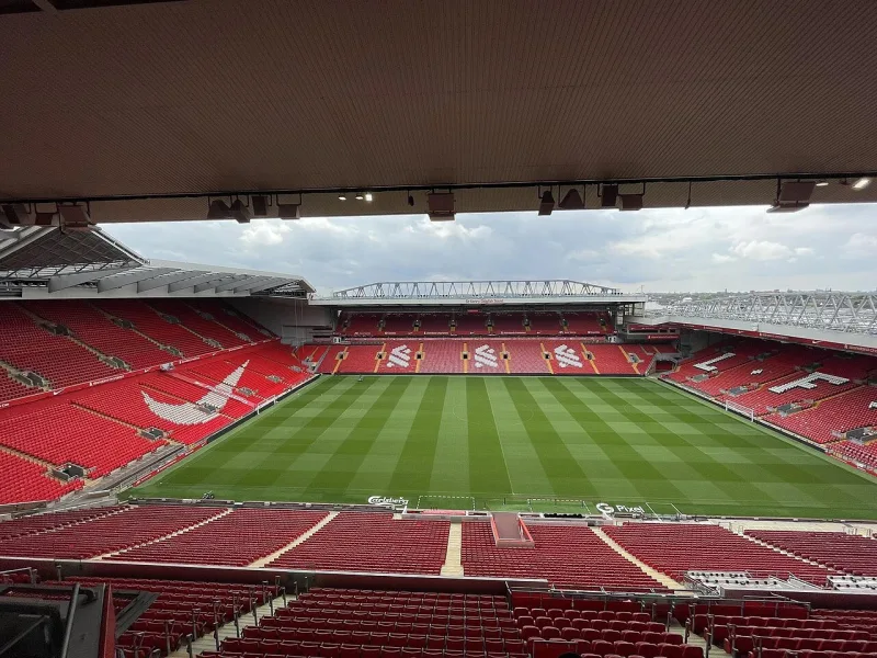 Inside Anfield stadium in Liverpool with empty red seats