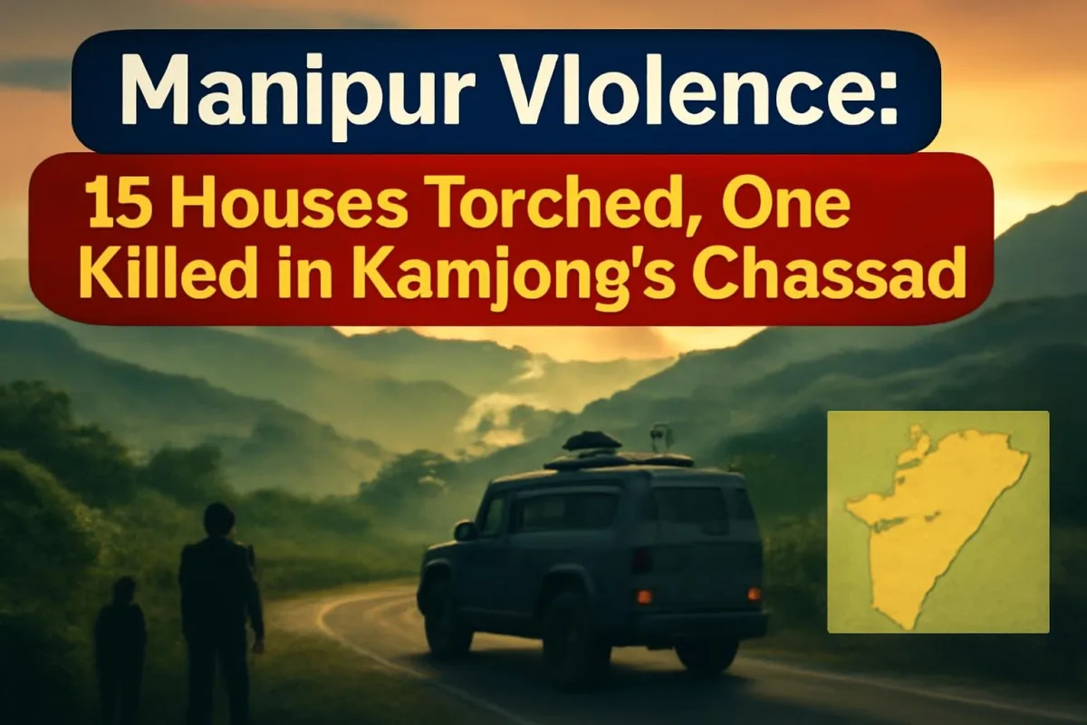 Hill village in Manipur's Kamjong district with security vehicle on road, map of Manipur inset