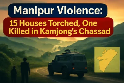 Hill village in Manipur's Kamjong district with security vehicle on road, map of Manipur inset