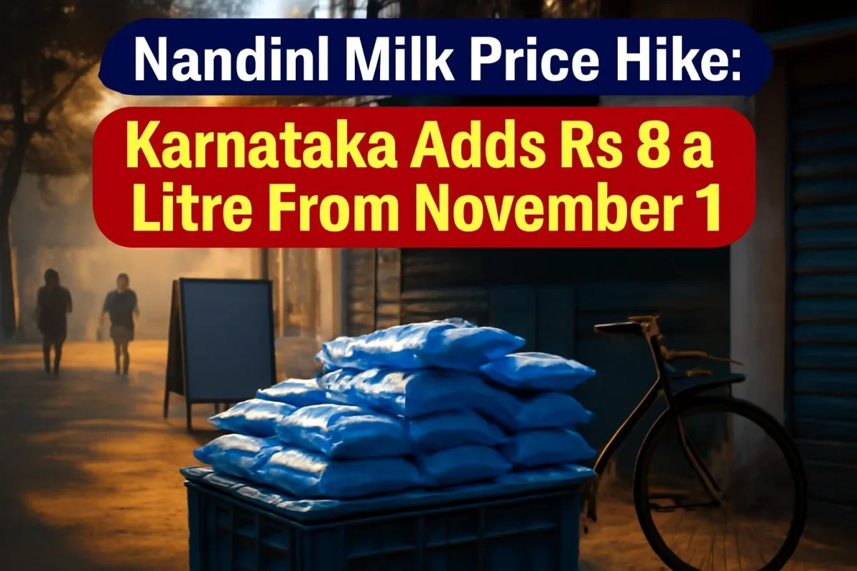 Milk packets stacked in crates at a Bengaluru dairy booth after Karnataka's Nandini milk price hike