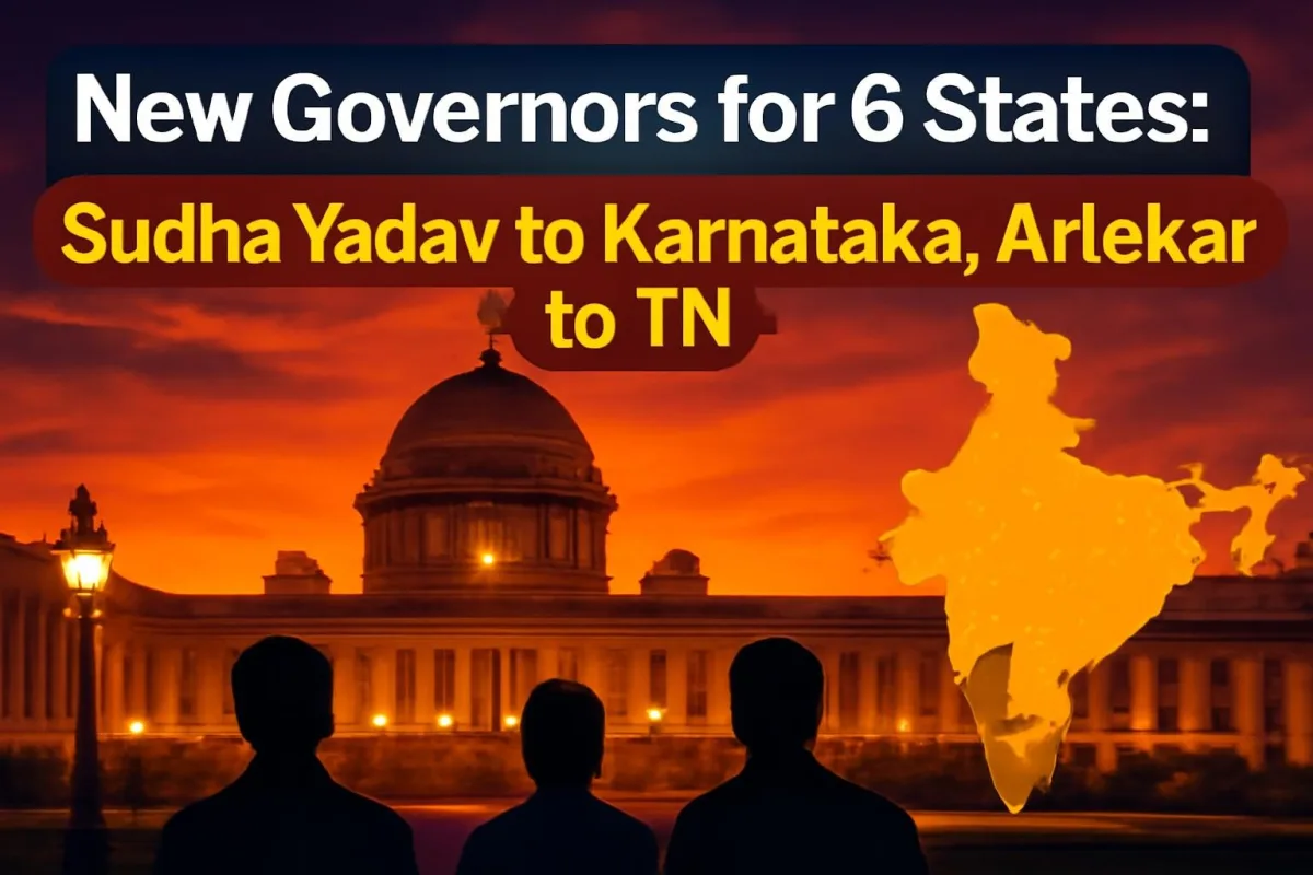 Rashtrapati Bhavan at dusk with map highlighting six states that got new Governors