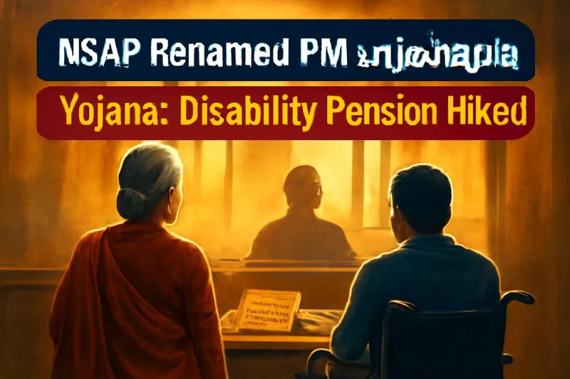Pension beneficiaries at a rural bank counter, illustrating the renamed PM Samajik Sahayata Yojana