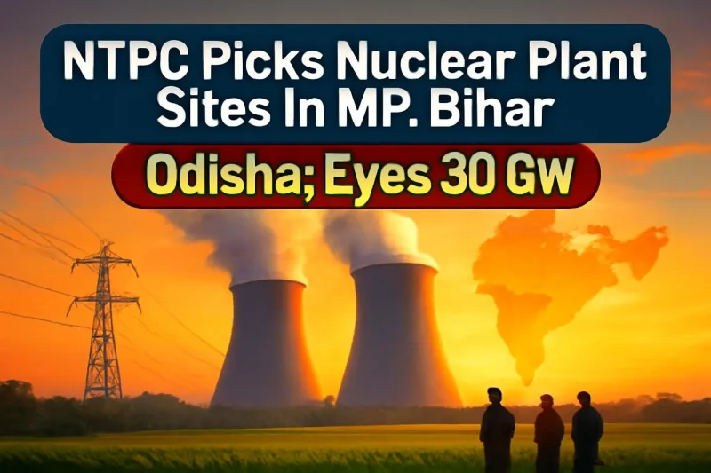 Nuclear power plant cooling towers over Indian farmland, illustrating NTPC nuclear expansion
