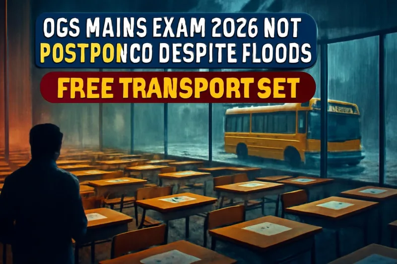 Exam hall with desks on a rainy day, illustrating the OCS Main exam amid Odisha floods