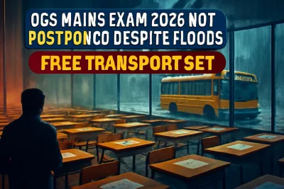 Exam hall with desks on a rainy day, illustrating the OCS Main exam amid Odisha floods