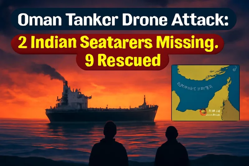 Illustration of an oil tanker at anchor off Oman's coast with smoke rising, map inset of Sohar and the Strait of Hormuz