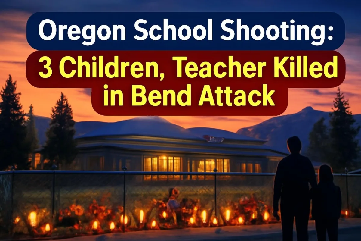 Candles and flowers outside an elementary school in Bend, Oregon at dusk