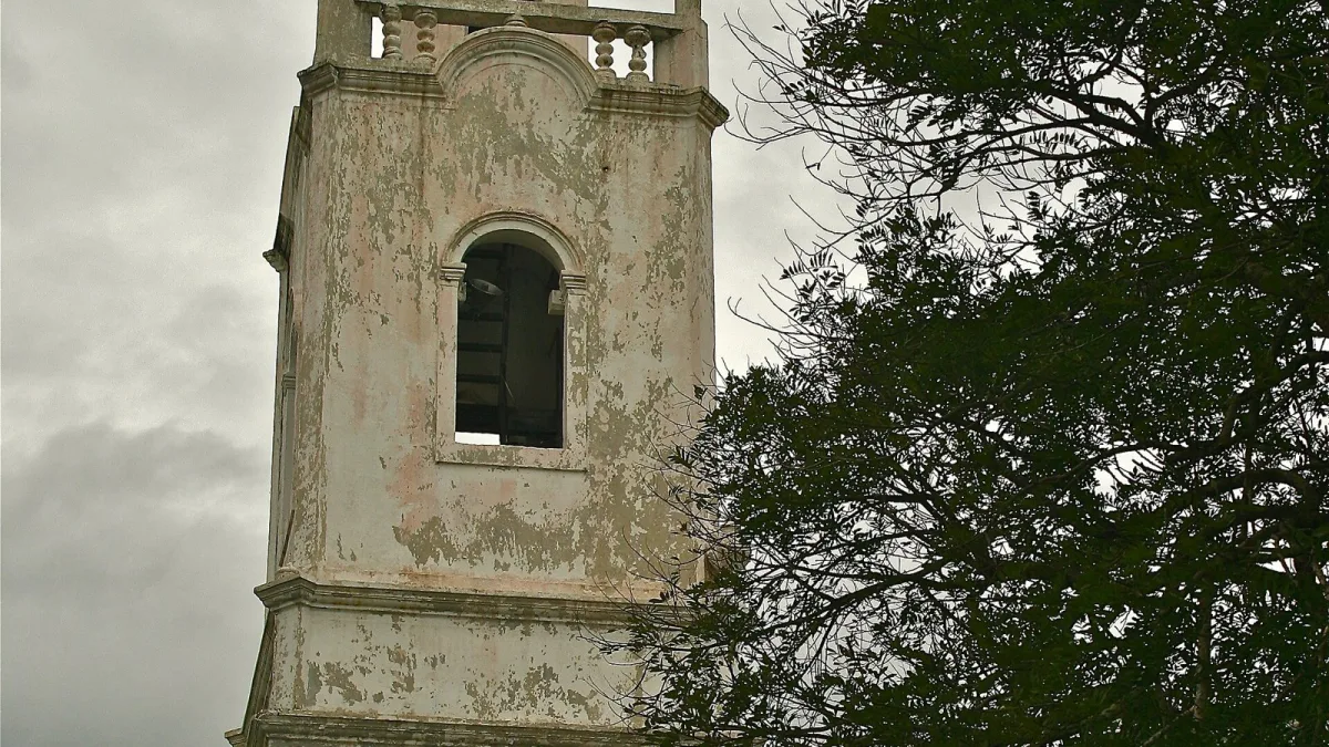 Bell tower of San Juan Bautista Cathedral in Penonome, Panama, damaged in the 7.7 earthquake