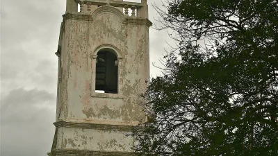 Bell tower of San Juan Bautista Cathedral in Penonome, Panama, damaged in the 7.7 earthquake