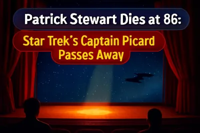 Empty theatre stage under a spotlight with a starfield backdrop, marking the death of actor Patrick Stewart
