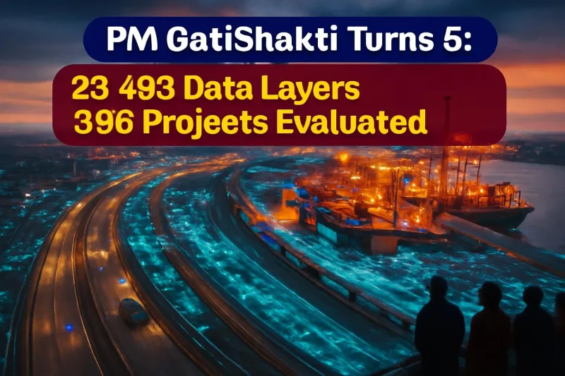 Highway, railway and port linked by a digital map grid representing PM GatiShakti