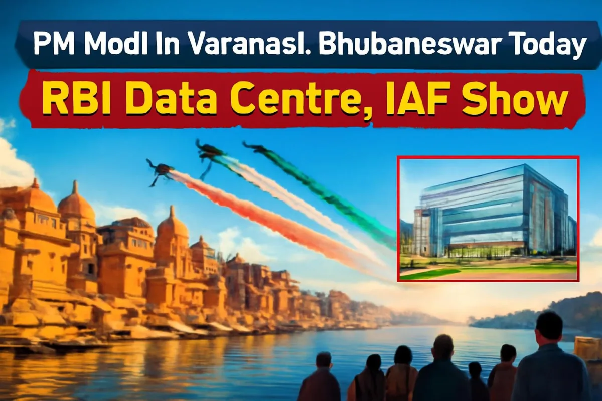 Varanasi ghats with IAF aircraft overhead and a data centre inset, marking PM Modi's visit