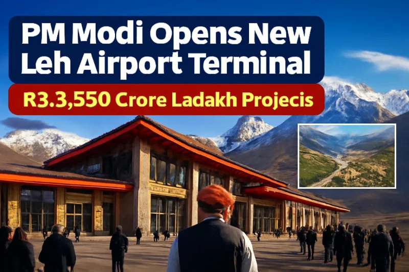 New Leh airport terminal against Himalayan peaks, illustrating Ladakh projects