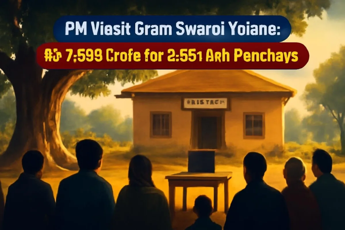 Villagers at a Gram Sabha meeting outside a panchayat office, representing the PM Viksit Gram Swaraj Yojana