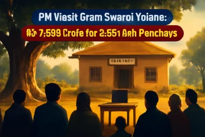 Villagers at a Gram Sabha meeting outside a panchayat office, representing the PM Viksit Gram Swaraj Yojana