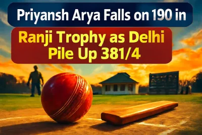 Cricket bat and red ball on a Ranji Trophy pitch in Delhi