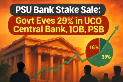 Bank building with a stock chart and 75-25 pie chart, illustrating the PSU bank stake sale plan