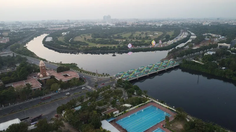 Aerial view of Island Grounds and Napier Bridge in Chennai, venue of Rahul Gandhi's Chhatron Ki Goonj student event
