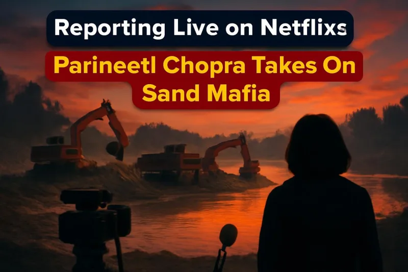 News camera facing an illegal sand mining site at dusk