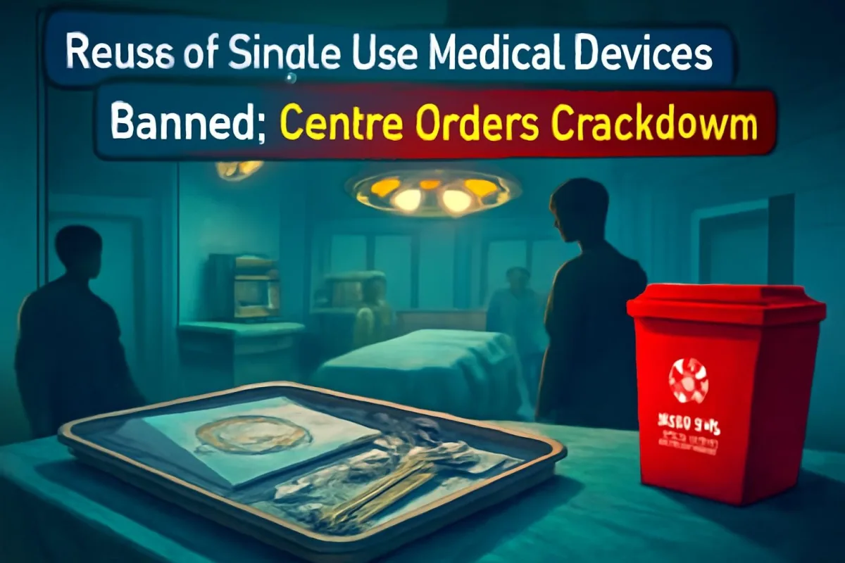 Sealed single-use catheters and syringes on a hospital tray next to a medical waste bin
