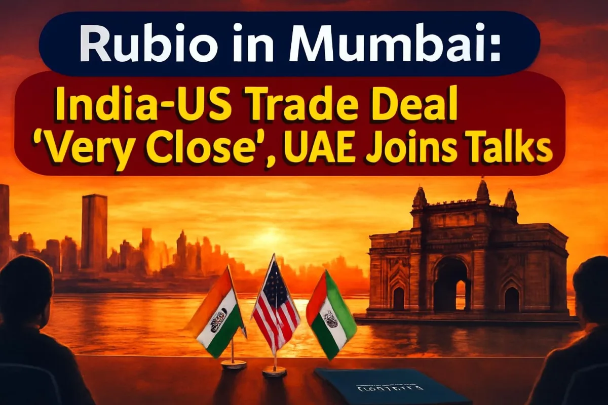 Illustration of Mumbai skyline with a diplomatic meeting table representing India-US-UAE talks