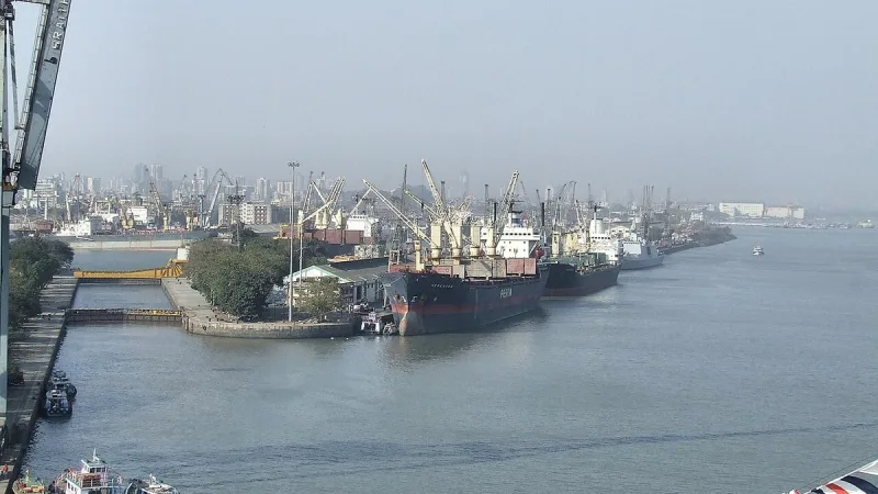 Cargo ships and cranes at the docks in Mumbai